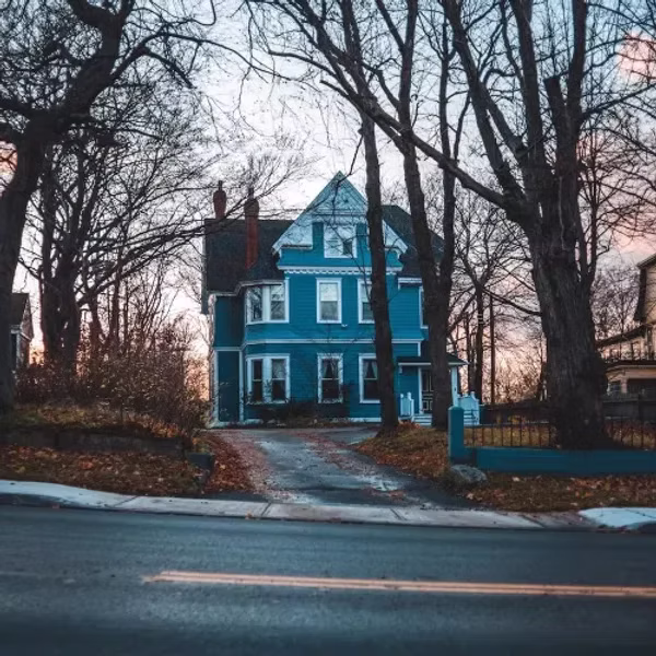 Casa azul atras de arvores pintada