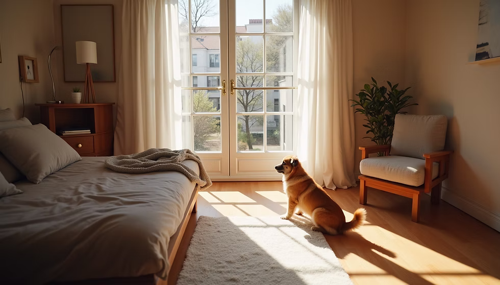 Uma área de estar tranquila e amiga dos animais, com decoração segura.